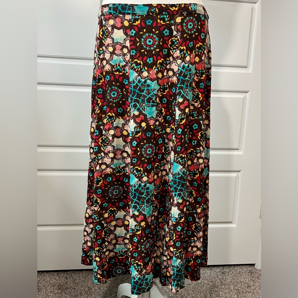 Sag Harbor Maxi Skirt Womens 14 Brown‎ Teal Geometric Floral Crinkle Rayon